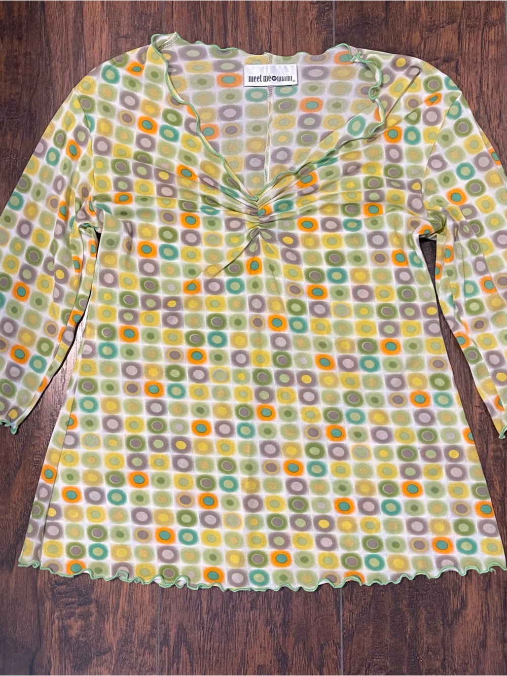 Meet Me In Miami Women's Vintage Sheer 3/4 Sleeve Top V Neck Retro Green Large